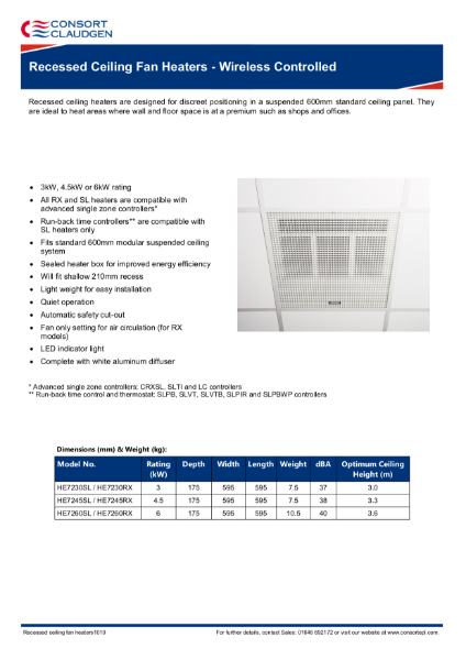 Recessed ceiling fan heaters data sheet