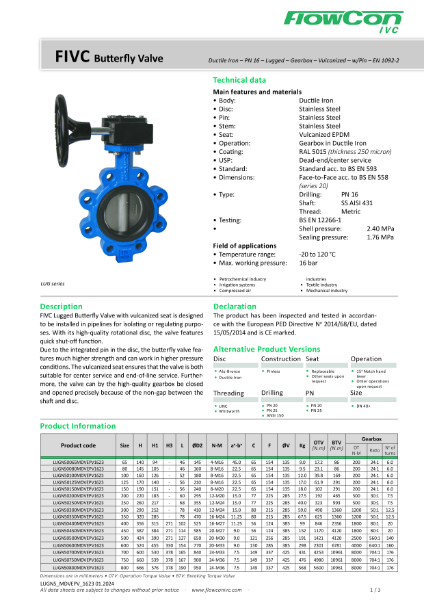 FlowCon IVC PN16 Gear Operated Fully Lugged Butterfly Valve