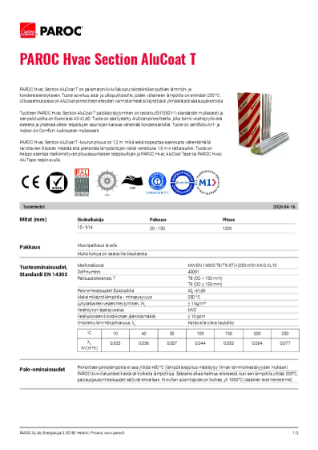 Tuotetietolomake - PAROC Hvac Section AluCoat T