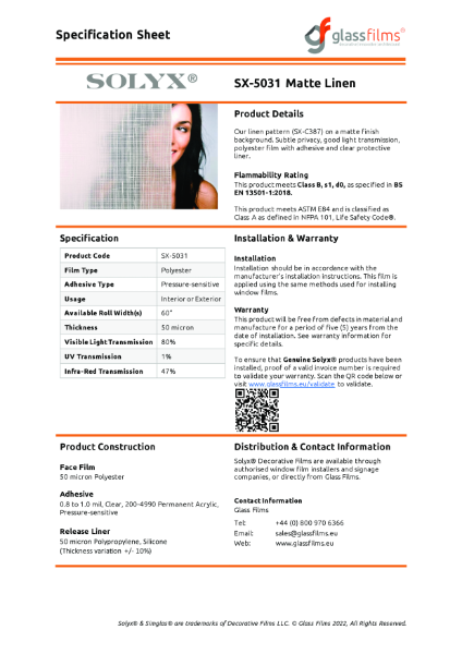 SX-5031 Matte Linen Specification Sheet