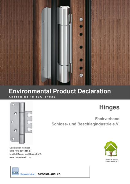 Environmental product declaration ISO 14025 hinges