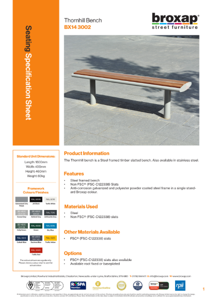 Thornhill Bench Specification Sheet