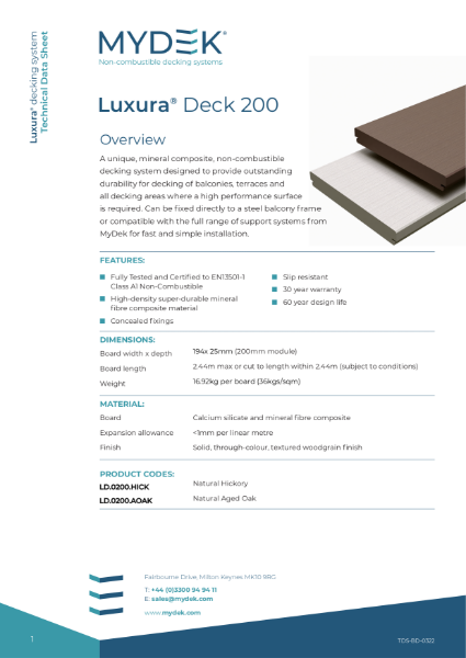 Data Sheet - Luxura Deck 200 Non-Combustible Mineral Composite Decking