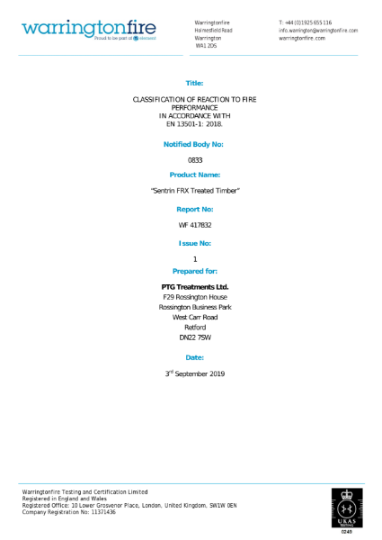 Classification  of reaction to fire performance Abodo Vulcan