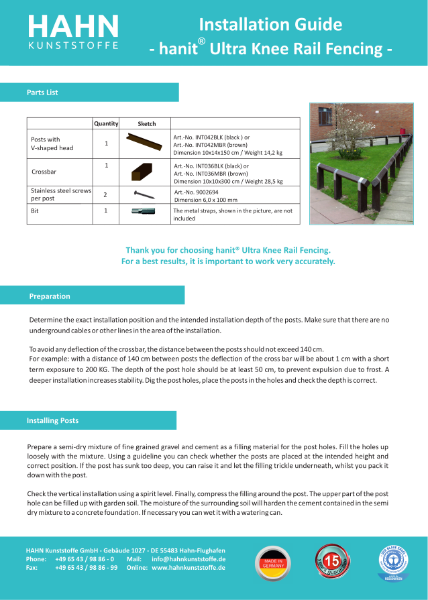 hanit® Ultra Knee Rail - Installation Instructions