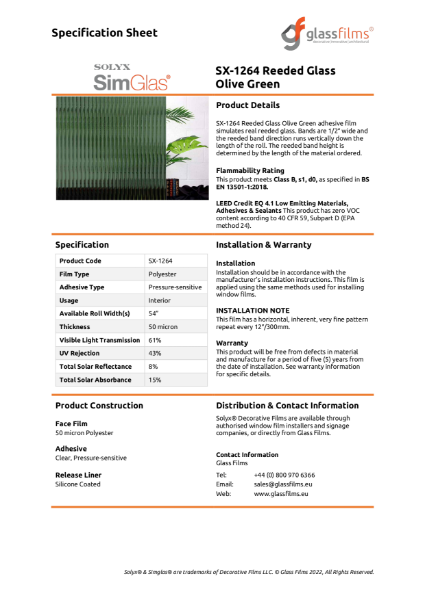 SX-1264 Reeded Glass Olive Green Specification Sheet