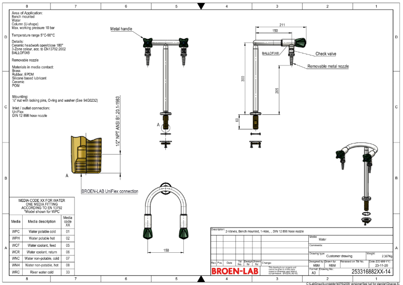 Table mounted laboratory two-way pillar water bib tap TDS