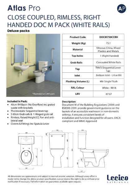 Atlas Pro Rimless DeLuxe Close Coupled DocM Pack Right Hand 40cm Basin White Rails Data Sheet