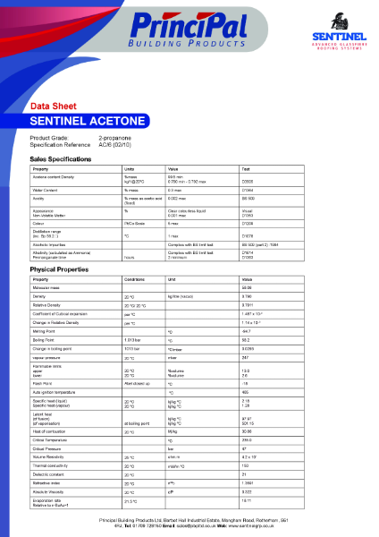 Sentinel acetone datasheet