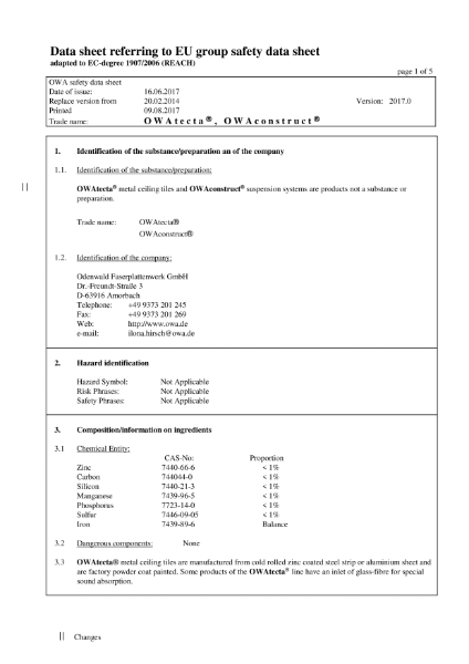 OWAtecta and OWAconstruct metal tile and system MSDS