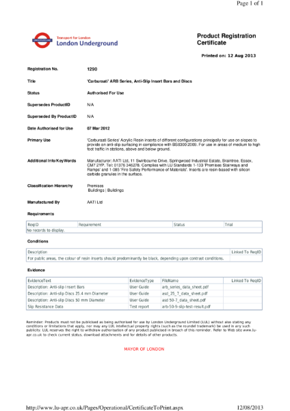 AATi certificate for AATi Anti-slip Carburaati Insert Bars & Dics