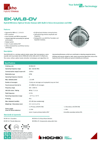 Hybrid Wireless Optical Smoke Sensor with Built in Voice Annunciator and VAD