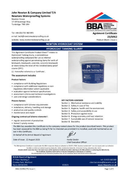 Newton HydroCoat Tanking Slurry - BBA Certificate