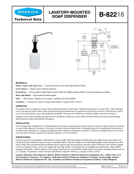 Lavatory-Mounted Soap Dispenser - B-82216