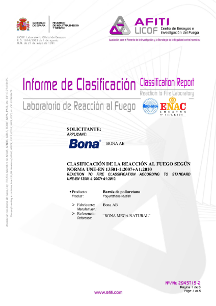 Bona Mega Natural - EN13501-1 Reaction to Fire Classification Report