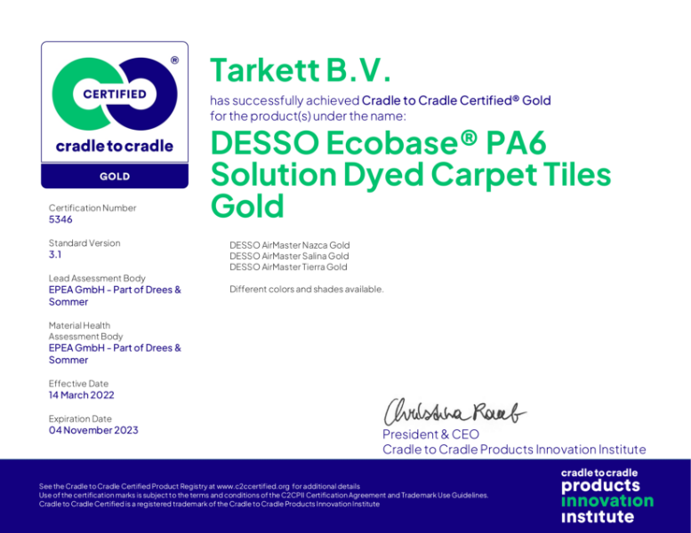 Tarkett Desso PA6 Carpet Tiles - Cradle to Cradle: Gold - Nov 2023