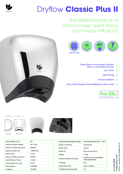 Hand Dryer Spec Sheet - Dryflow® Classic PLUS II Low Noise Hand Dryer