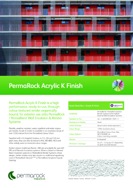 Permarock Acrylic Through Coloured K Textured Render (high performance, flexible, weather resistant, water repellent and water vapour permeable renders)