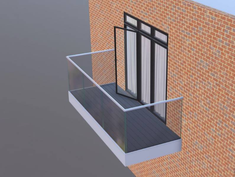 Rectangular Clear Glass Glide-On Cassette Balcony with Fascia Covering Fixings - Controlled Drainage
