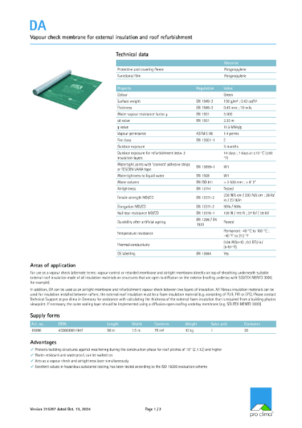 Pro Clima DA Technical Datasheet