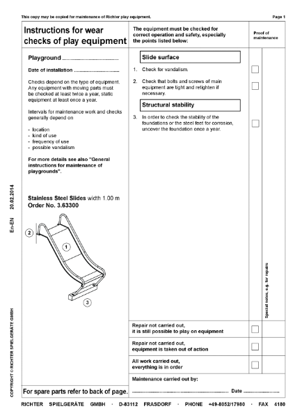 Timberplay Slides - Stainless Steel Slide - Maintenance Instructions