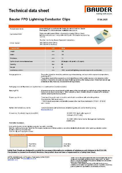 Bauder FPO Lightning Conductor Clips - Technical Data Sheet