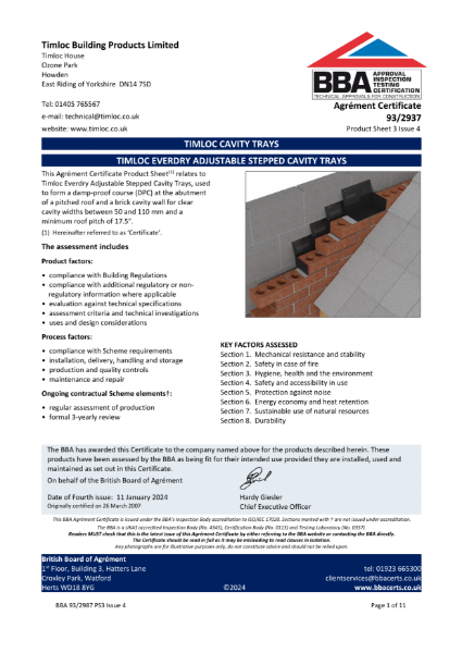 Timloc Building Products Adjustable Stepped Cavity Trays: BBA Agrement Certificate 93 2937, Product Sheet 2 Issue 4