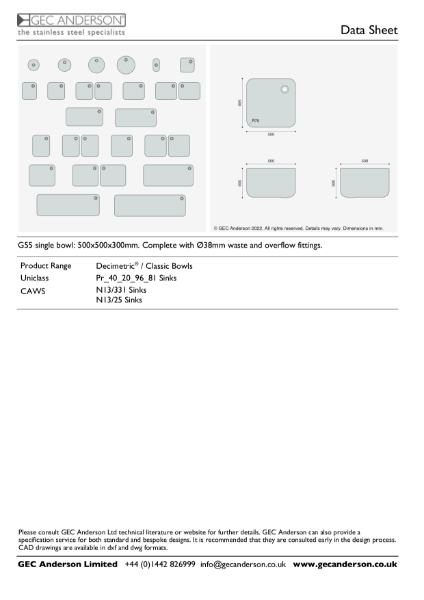 GEC Anderson Data Sheet - G55 Single Bowl