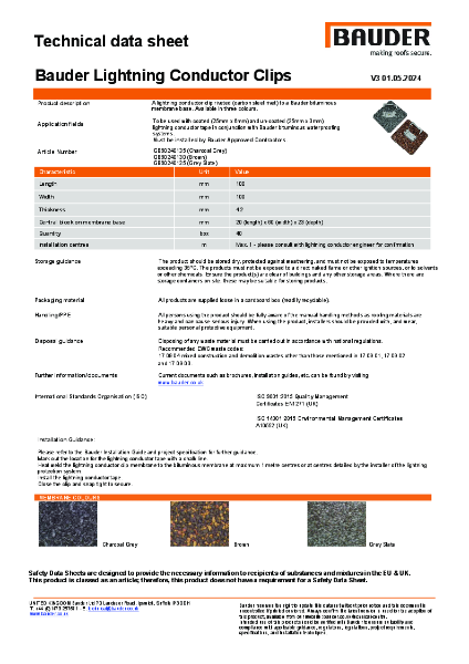 Bauder Lightning Conductor Clips - Technical Data Sheet