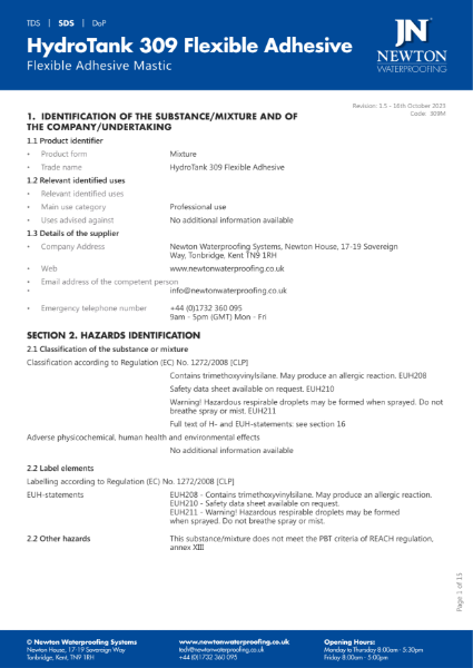 HydroTank 309 Flexible Adhesive SDS