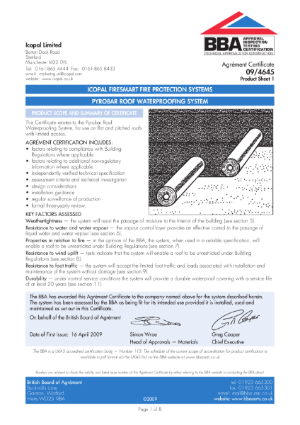 09/4645 Icopal Firesmart fire protection systems - Pyrobar roof waterproofing system