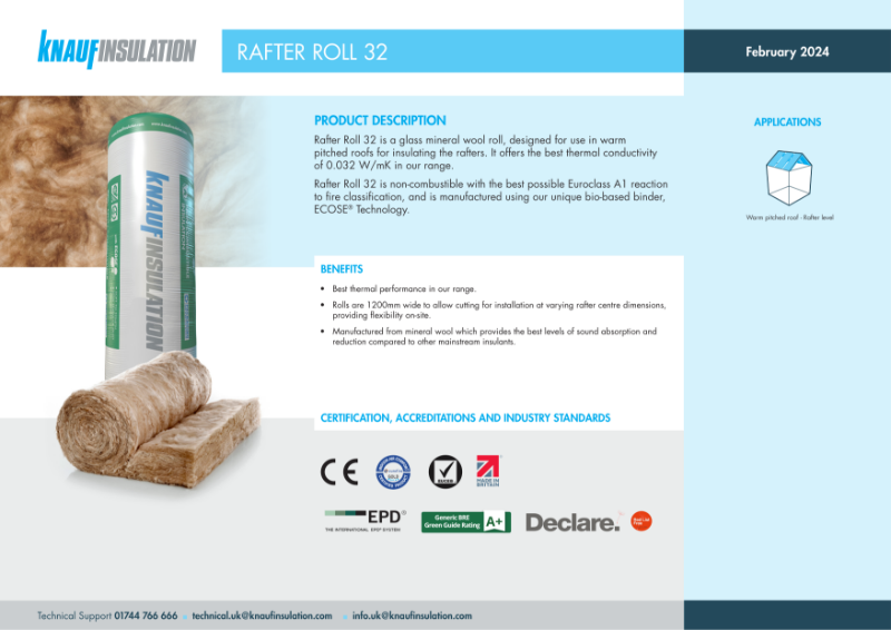Knauf Insulation Rafter Roll 32 - Product Datasheet