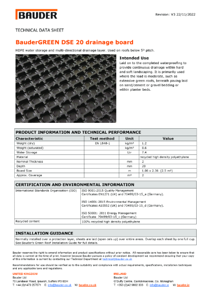 BauderGREEN DSE 20 Drainage Board - Technical data sheet