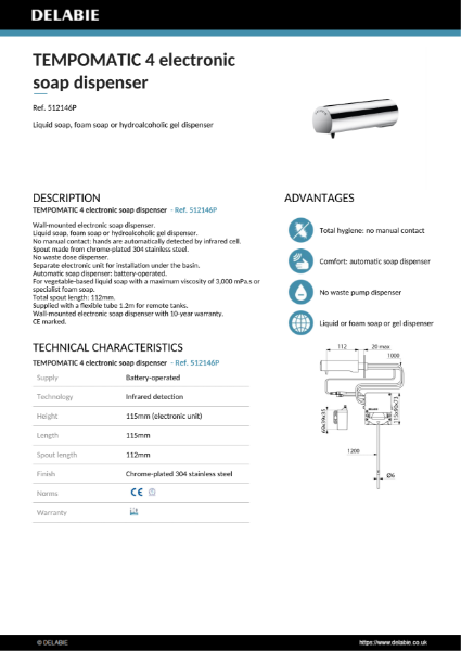 TEMPOMATIC 4 electronic soap dispenser Data Sheet – 512146P