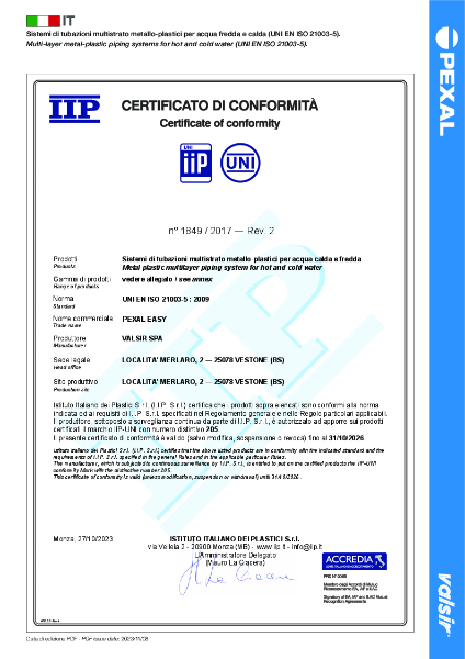 Pexal Easy full bore Certificate of Conformity EN 21003