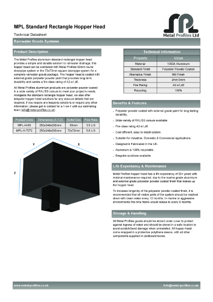 Metal Profiles - Standard Rectangle Hopper Head TDS