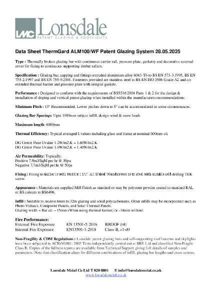 Data Sheet ThermGard ALM100-WF Patent Glazing 28.05.2025 - Product Data Sheet