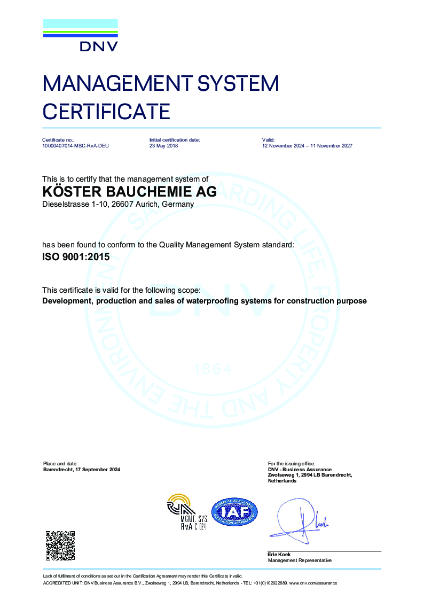 Koster Bauchemie AG - ISO 9001 Certificate