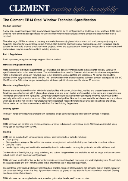 Clement EB14 steel window technical specification