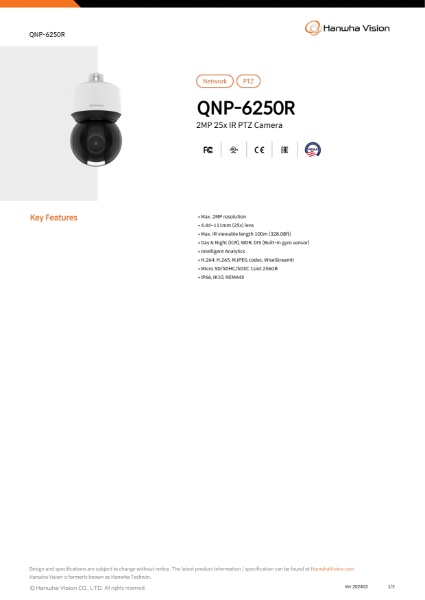 CCTV camera 2MP 25x IR PTZ (QNP-6250R) data sheet