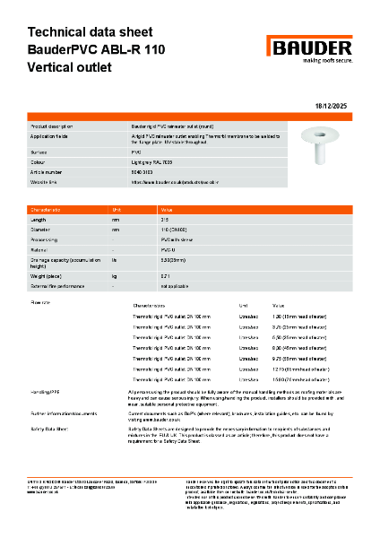 BauderPVC ABL-R 110 Vertical outlet