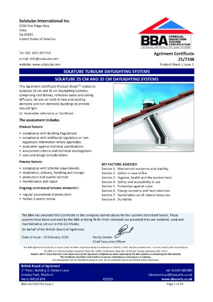 Solatube Brighten Up Series BBA Certificate 2025