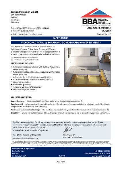 JACKOBOARD® BBA Certificate - Shower Trays