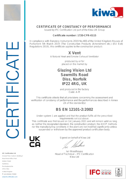 UKCA Certificate of Constancy of Performance - X Vent