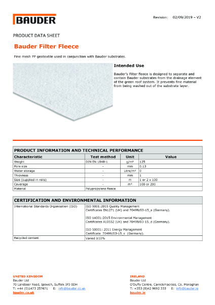 BauderGREEN FV 125 Filter Fleece Technical Data Sheet