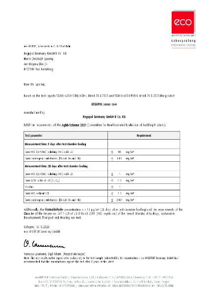 REGUPOL AgBB (VOC) attestation sonus core 3 2023-10-13