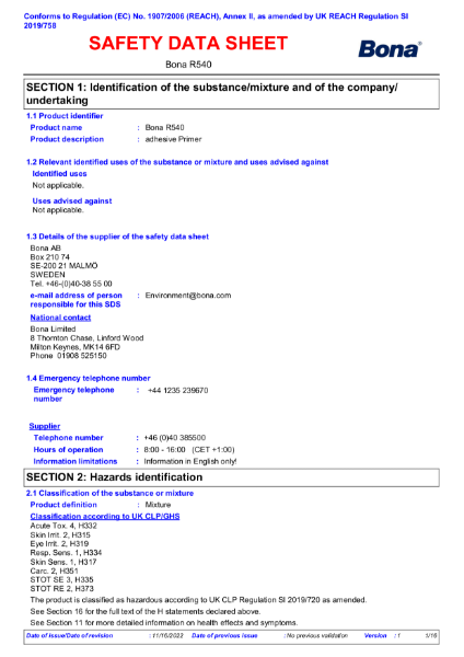 Bona R540 - Safety Data Sheet