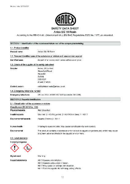 ARDEX EG 18 RESIN Safety Data Sheet