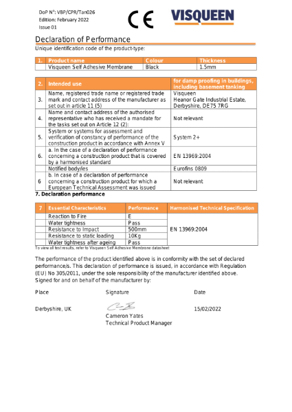 Tanking CE Visqueen Self Adhesive Membrane Declaration of Performance