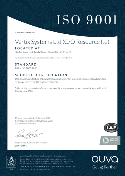 Vertix Systems ISO9001 certificate